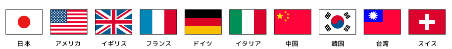 日本、アメリカ、イギリス、フランス、ドイツ、イタリア、中国、韓国、台湾、スイス